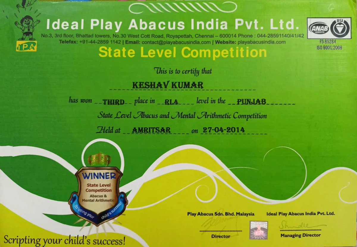 Abacus state-level competition certificate