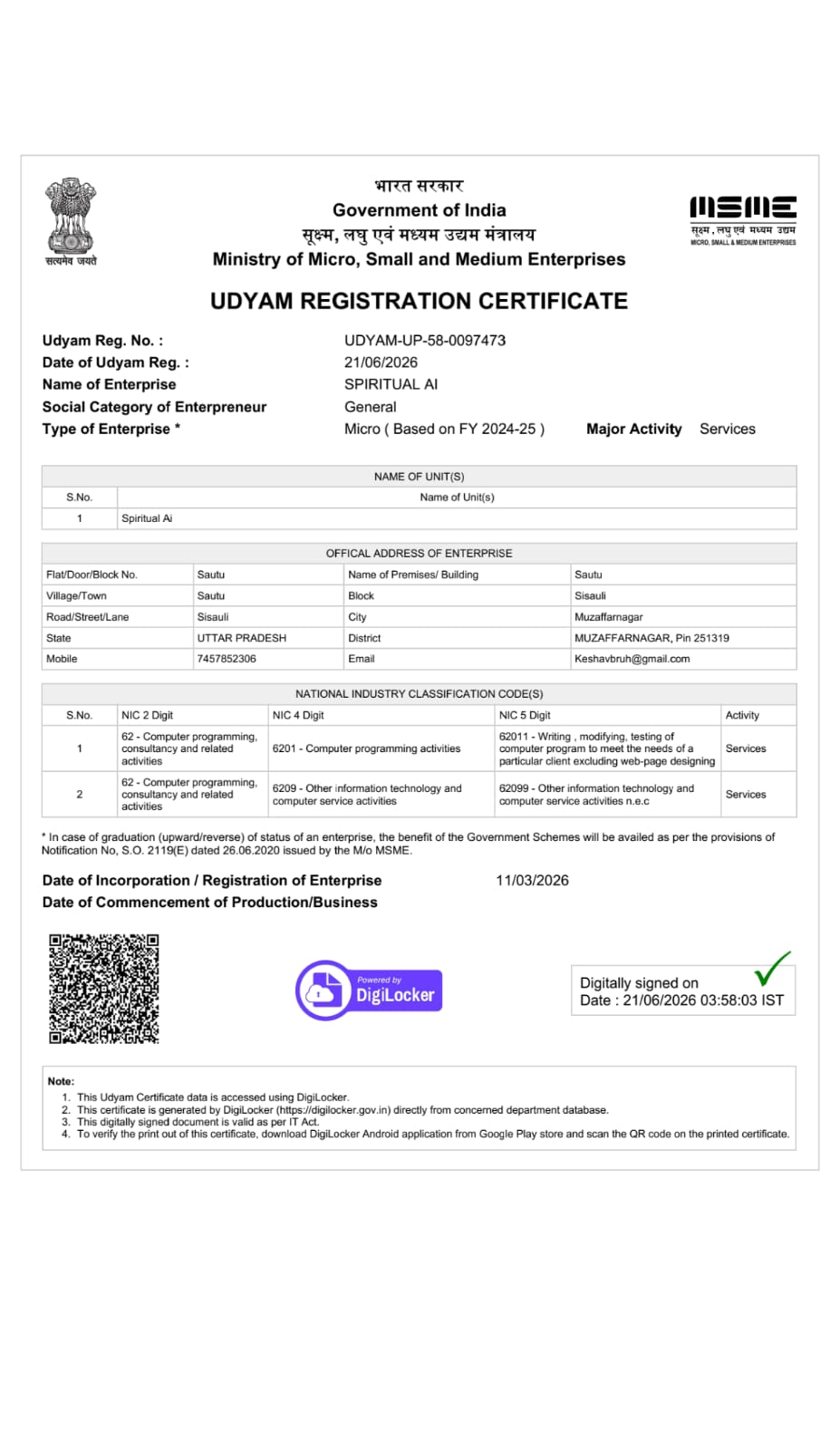 Spiritual AI Udyam registration certificate